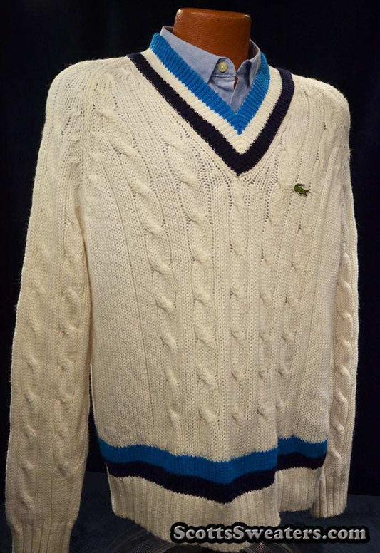 Men's classic retro Izod tennis sweater with black and blue stripes and cable-knit design