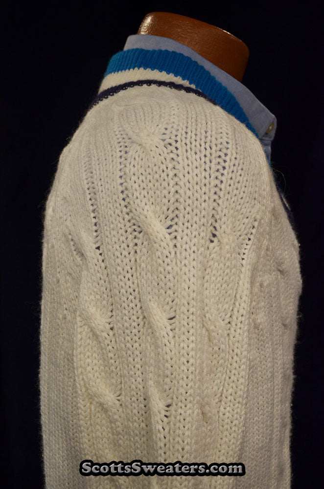 Men's classic retro Izod tennis sweater with cable-knit design and black/blue striped collar