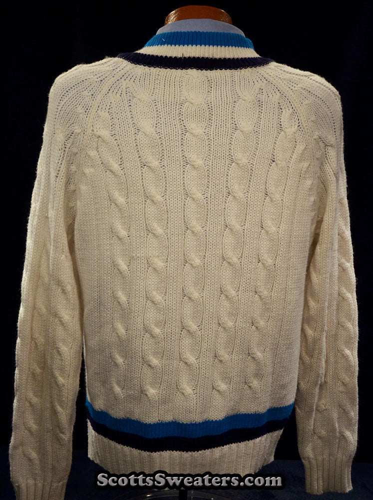 Men's classic retro Izod Lacoste cable-knit tennis sweater with black and blue stripes