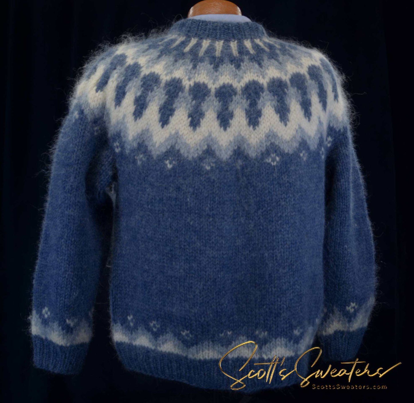 Men's Icelandic wool hand-knit crewneck sweater with traditional yoke design in blue and white