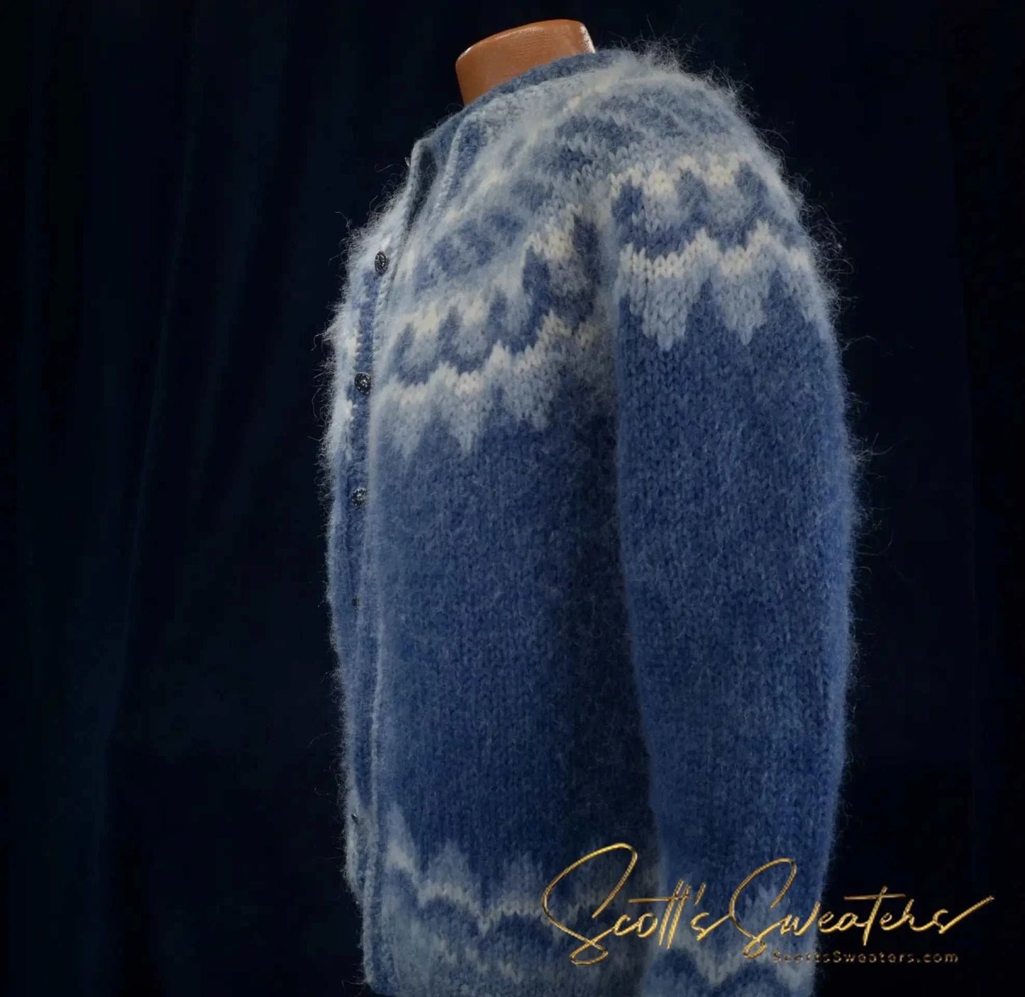 Men's Icelandic wool hand-knit blue cardigan sweater with traditional yoke design