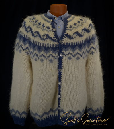 Men's Icelandic wool hand-knit cardigan sweater with traditional yoke design in cream and blue colors