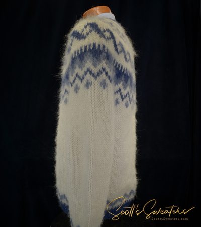Men's Icelandic wool crewneck sweater with traditional yoke design in white and blue wool