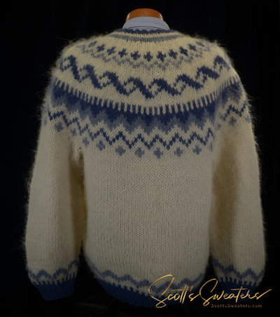 Men's Icelandic wool hand-knit crewneck sweater with traditional yoke pattern in cream and blue colors