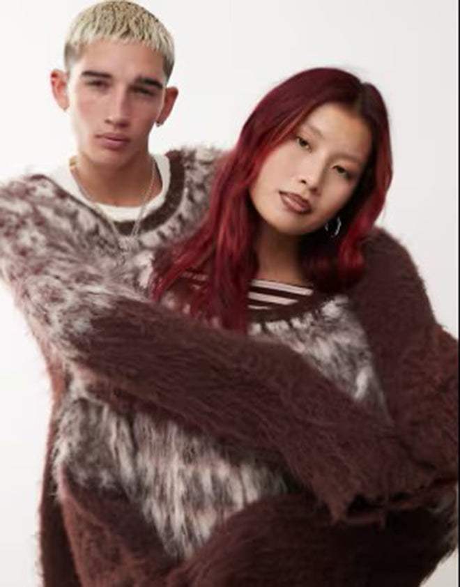 mens fuzzy sweater Unisex crewneck mohair sweater with slouchy fit and Icelandic style yoke design in fuzzy brown and cream colors