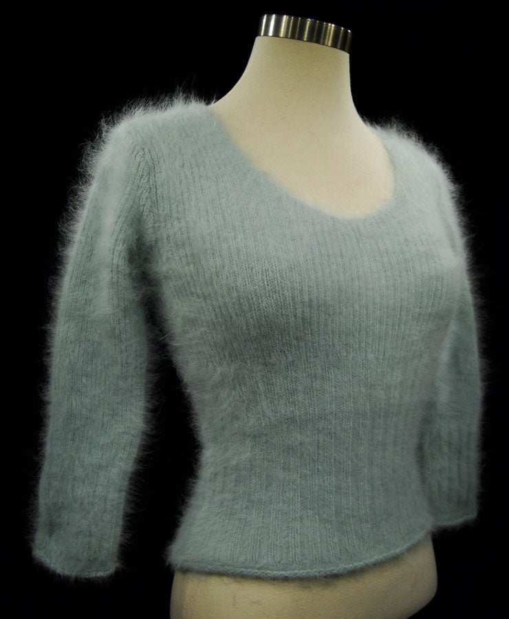 Woman's sexy cropped angora ribbed 3/4-sleeve V-neck pullover sweater in soft light gray