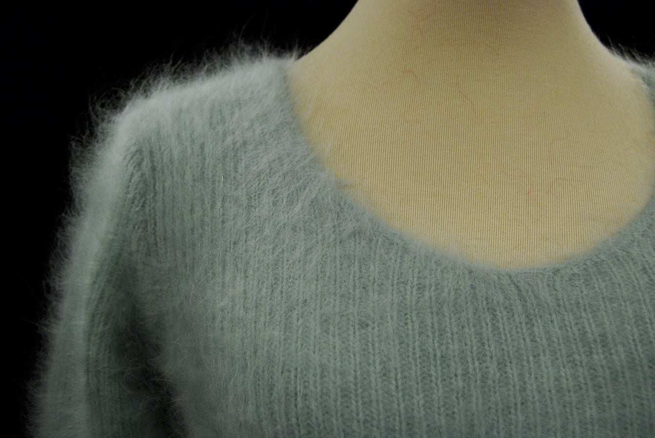 Woman's sexy cropped 3/4-sleeve fuzzy angora ribbed V-neck sweater in gray