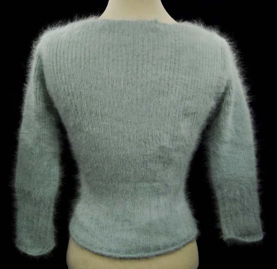 Woman's sexy cropped 3/4-sleeve angora ribbed pullover sweater in light gray