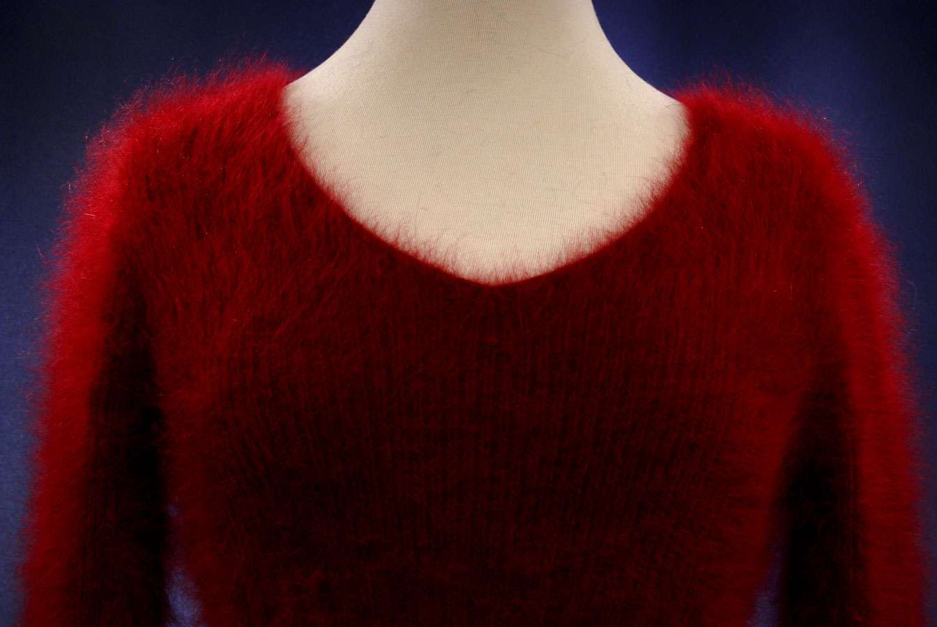 Woman's sexy cropped fuzzy angora ribbed V-neck sweater in deep red with 3/4 sleeves