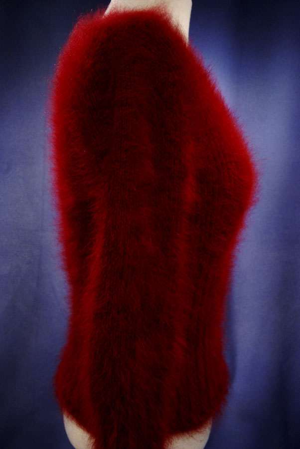 Woman's sexy cropped fuzzy angora sweater in deep red with 3/4 sleeves and V-neck pullover style