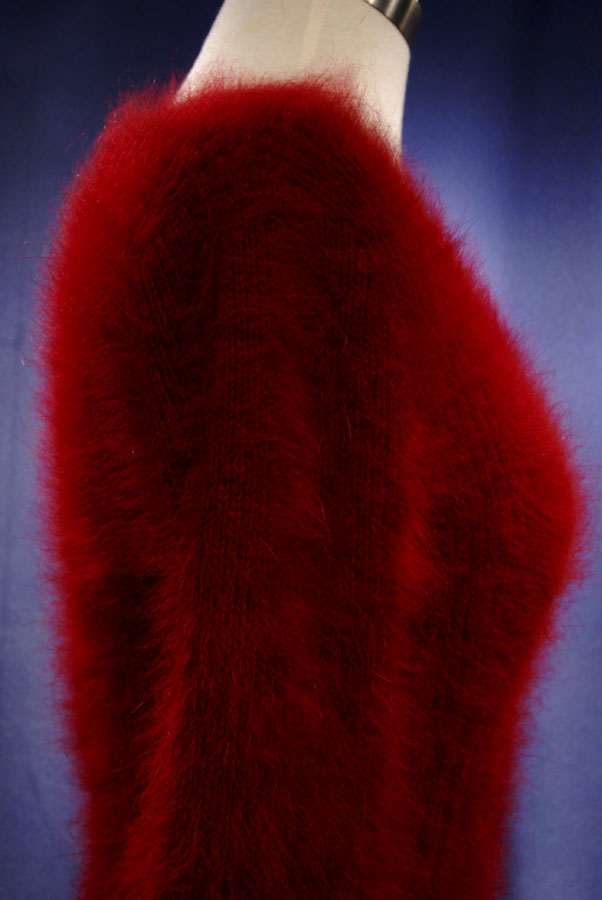 Woman's sexy cropped 3/4-sleeve red angora ribbed pullover sweater