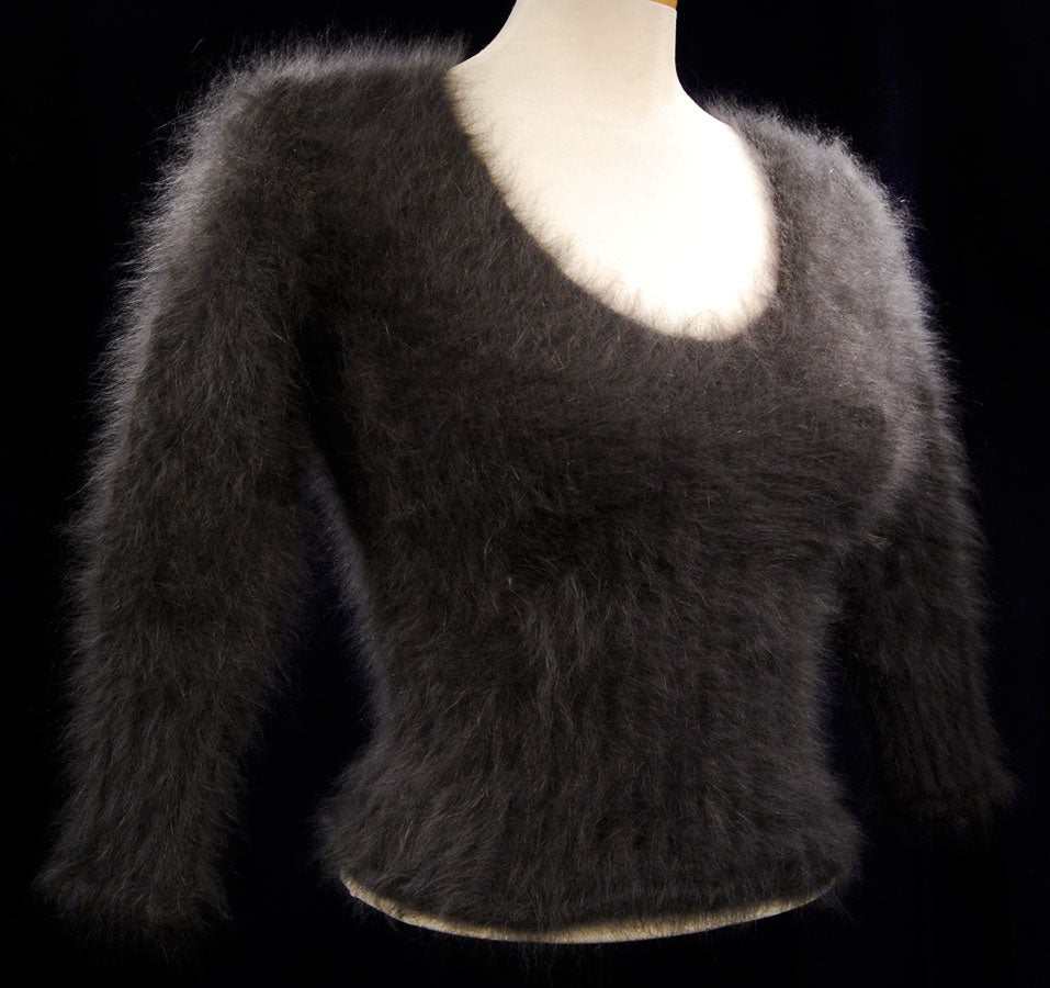 Woman's sexy cropped 3/4-sleeve fuzzy angora V-neck sweater in dark sable color
