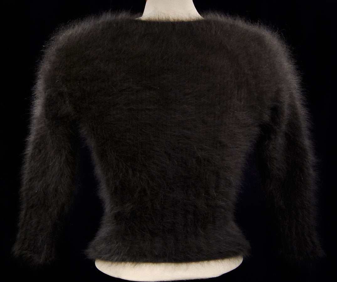 Woman's sexy cropped 3/4-sleeve angora sweater in dark sable brown with cling-fit ribbed texture