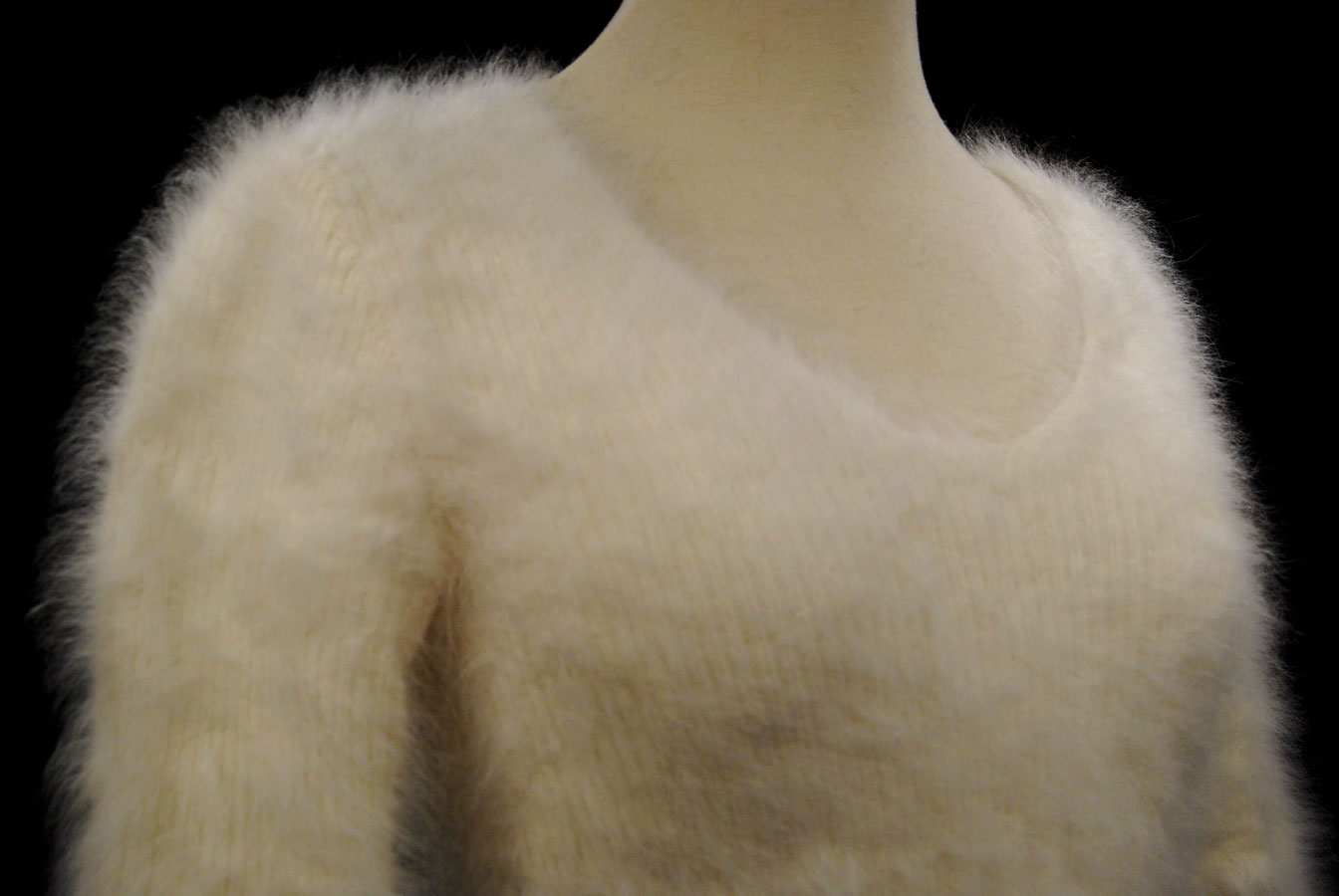 Woman's sexy cropped 3/4-sleeve angora ribbed V-neck sweater pullover in soft beige