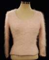 Woman's sexy cropped 3/4-sleeve angora sweater in soft blush pink with ribbed cling-fit V-neck design