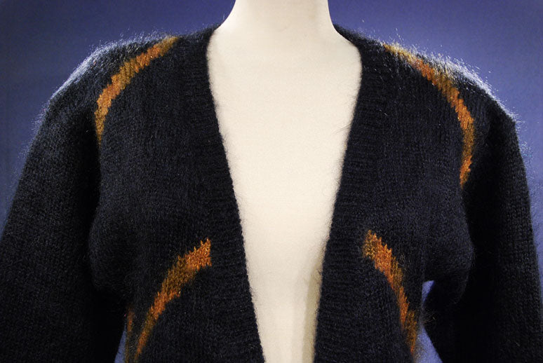 Woman's Long Black Cardigan Mohair Sweater with Crest Design