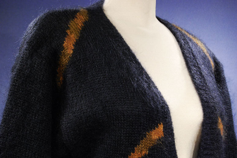 Woman's Long Black Cardigan Mohair Sweater with Crest Design