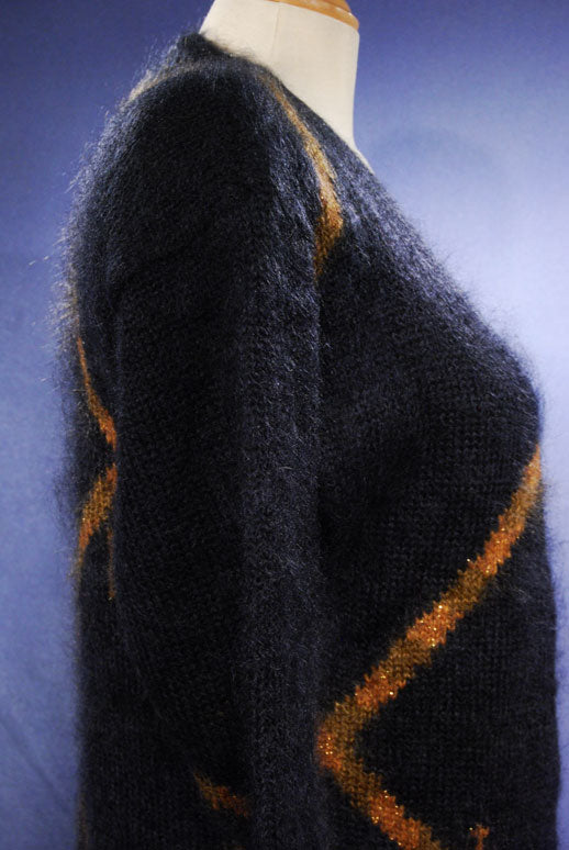 Woman's Long Black Cardigan Mohair Sweater with Crest Design