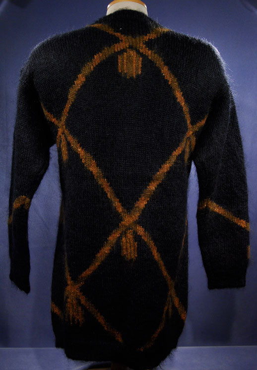 Woman's Long Black Cardigan Mohair Sweater with Crest Design