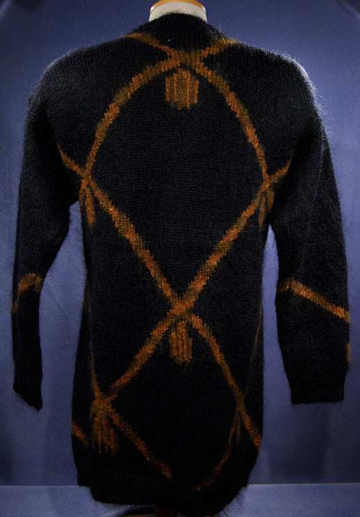 Woman's long black mohair cardigan sweater with metallic gold crest design by Linda Alland for Ellen Tracy, size P (40)