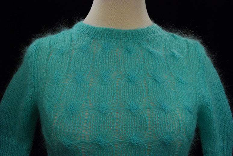 Girl's pale-green short-sleeve mohair sweater summer-weight crewneck
