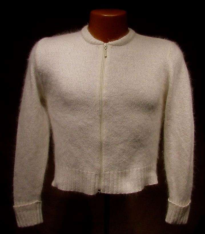 Teen girl's natural white cropped zipper-front silk-angora cardigan sweater medium size