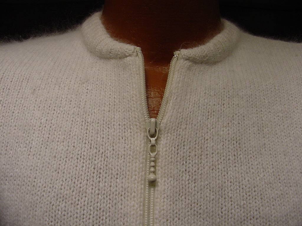 Teen girl's cropped natural white silk-angora cardigan sweater with front zipper in medium size