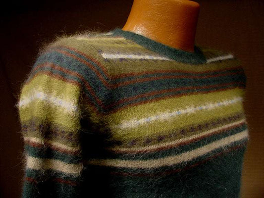 Girl's forest-green angora crewneck sweater with multi-color stripes by Limited Too size S/10