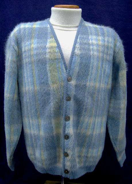 Men's rare retro light-blue plaid mohair cardigan sweater vintage 1960s style