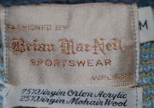 Men's rare retro light-blue plaid mohair cardigan sweater label by Brian Mac Neil Sportswear, size small