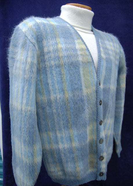 Men's rare retro light-blue plaid mohair cardigan sweater with buttons on mannequin