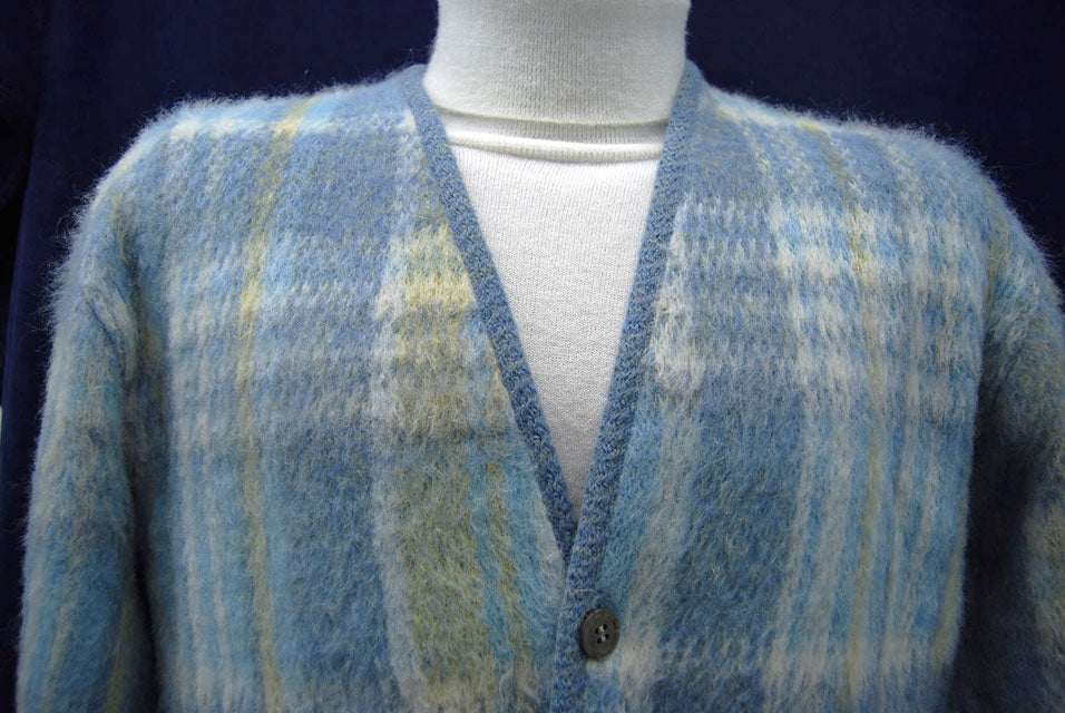 Men's rare retro light-blue plaid mohair cardigan sweater from the 1960s era