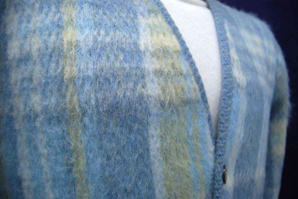 Men's rare retro light-blue plaid mohair cardigan sweater from the 1960s era