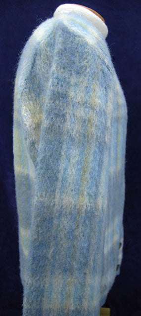 Men's rare retro light-blue plaid mohair cardigan sweater side view