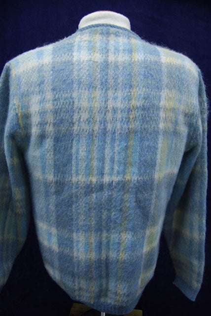 Men's rare retro light-blue plaid mohair cardigan sweater from the 1960s, size small