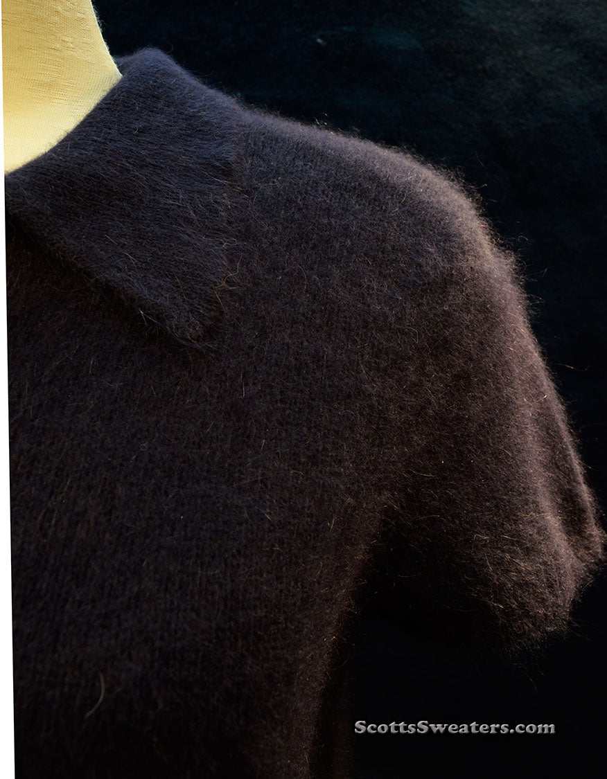 Woman's navy-blue short-sleeve angora polo-neck sweater by The Limited, soft and fuzzy medium pullover