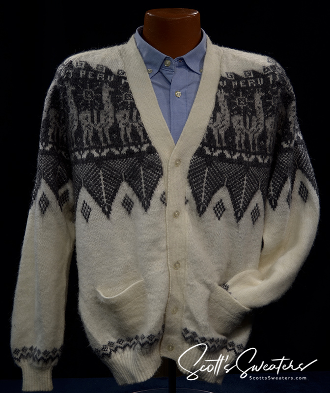 Men's soft alpaca white cardigan sweater with grey Aztec and llama design, medium size