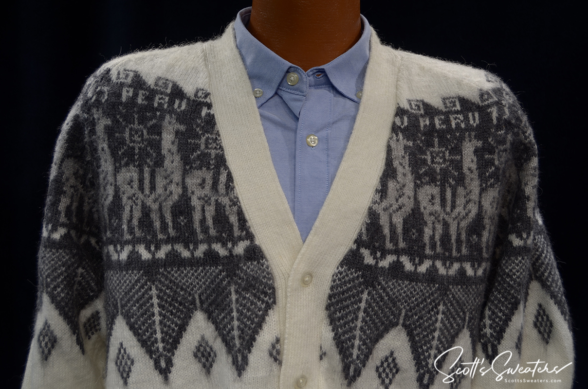 Men's white soft alpaca cardigan with grey lama and Aztec designs, medium size