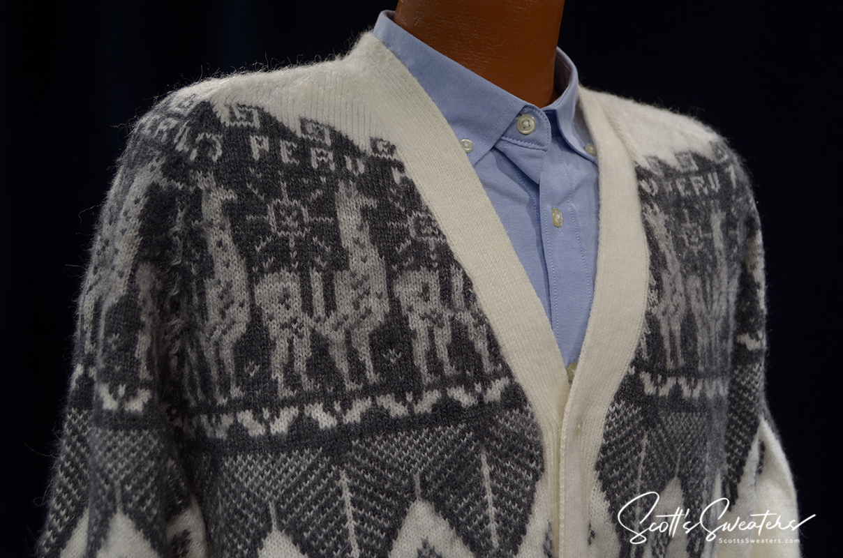 Men's soft alpaca white cardigan with grey lama Aztec design and trim on mannequin