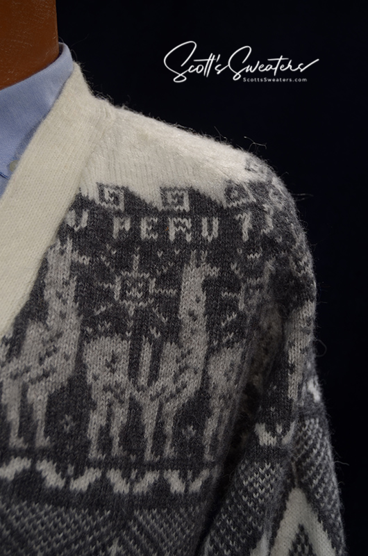 Men's soft alpaca white cardigan sweater with grey Aztec lama design and trim