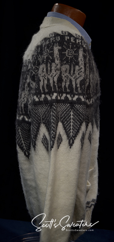 Men's soft alpaca cardigan sweater white with grey Aztec design and trim medium size