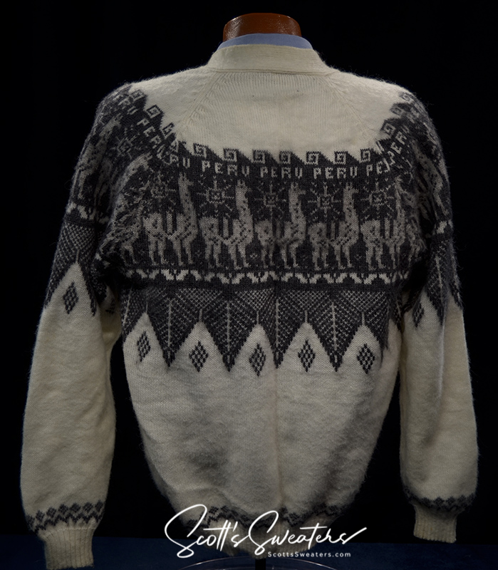 Men's soft alpaca white cardigan sweater with grey Peruvian lama design and Aztec patterns