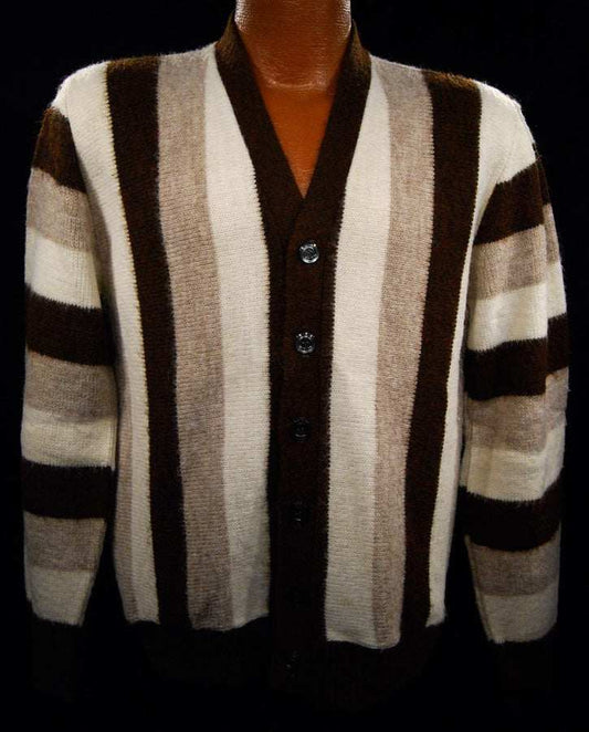 Men's retro striped brown tan white faux-mohair cardigan sweater size small vintage style