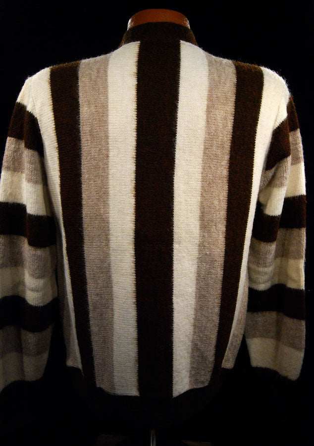 Men's retro striped brown tan white faux-mohair cardigan sweater size small vintage style