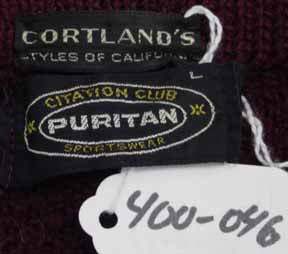 Men's retro classic burgundy-red mohair cardigan sweater with white, black, and gray stripes by Puritan