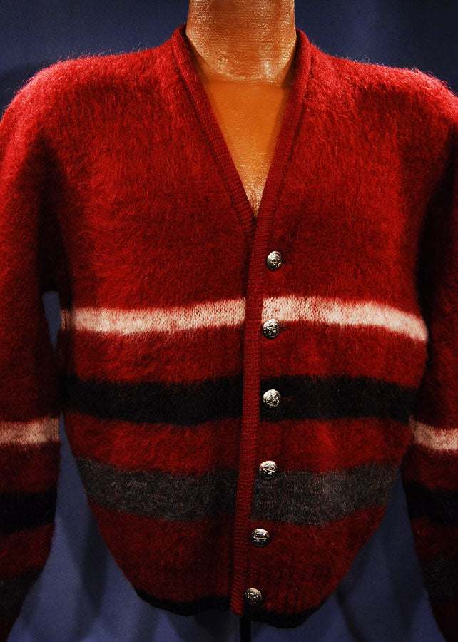 Men's retro classic burgundy red mohair cardigan with white, black, and gray horizontal stripes by Puritan