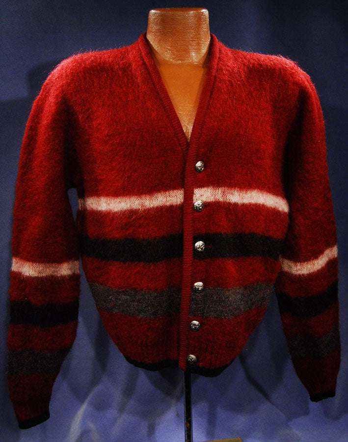 Men's retro classic burgundy red mohair cardigan sweater with white, black, and gray horizontal stripes by Puritan.
