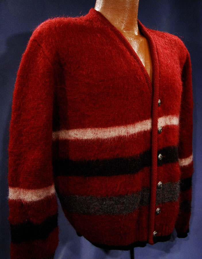 Men's retro classic burgundy-red mohair cardigan with white, black, and gray stripes by Puritan