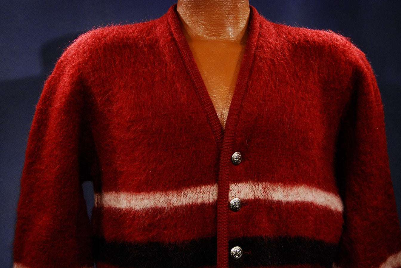 Men's retro classic burgundy-red mohair cardigan with white, black, and gray horizontal stripes and silver buttons