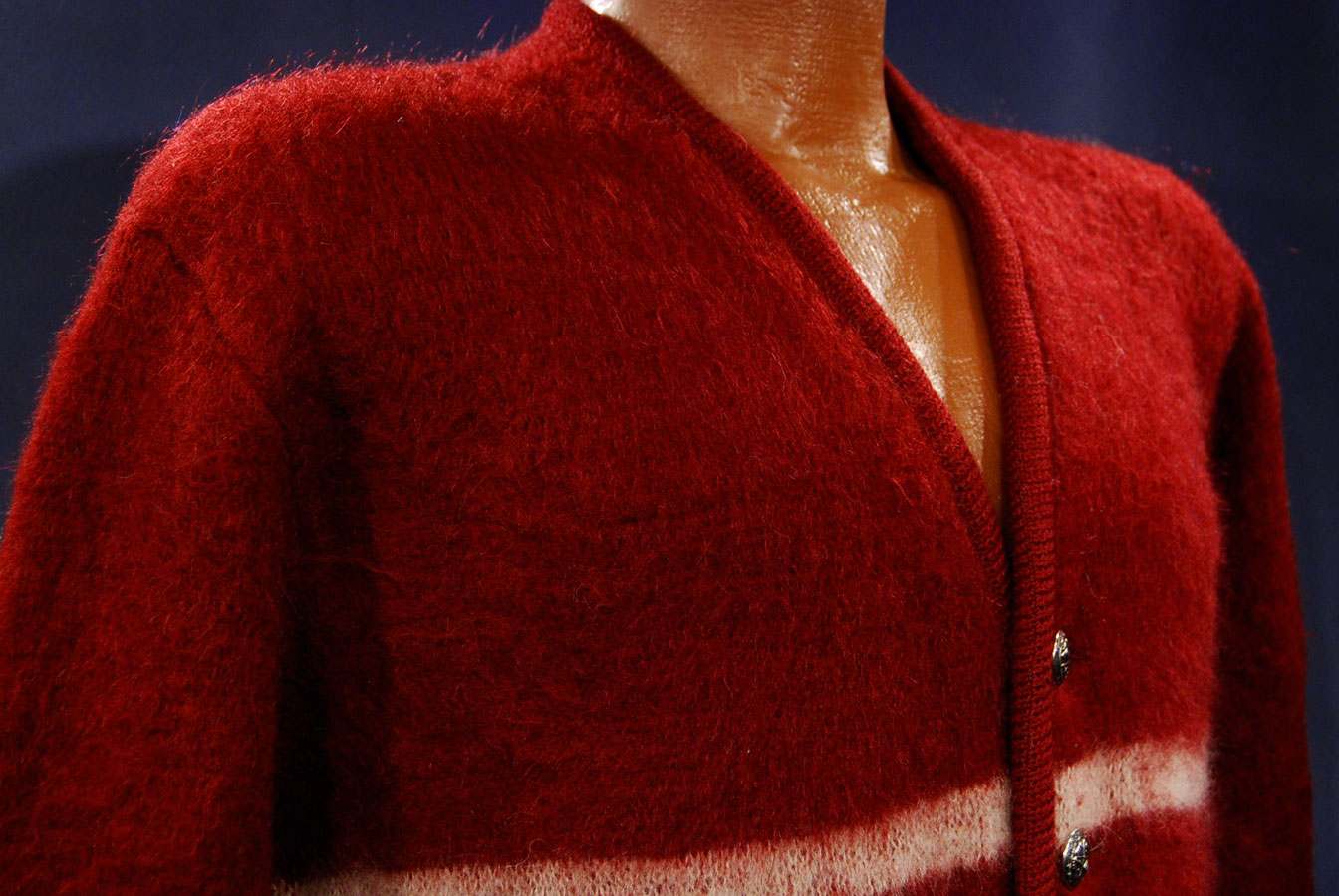 Men's retro classic burgundy red mohair cardigan sweater with white, black, and gray stripes by Puritan
